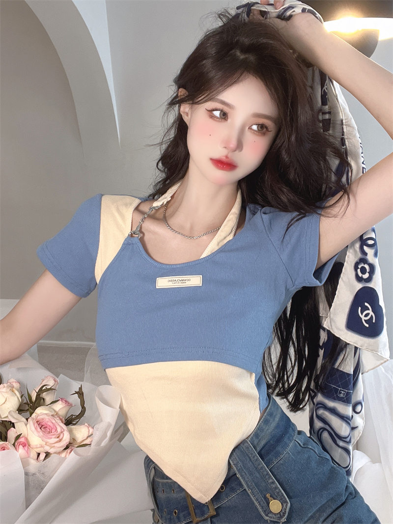 Short sleeve mixed colors T-shirt slim chain tops for women