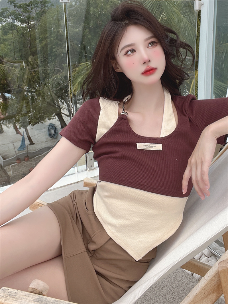 Short sleeve mixed colors T-shirt slim chain tops for women