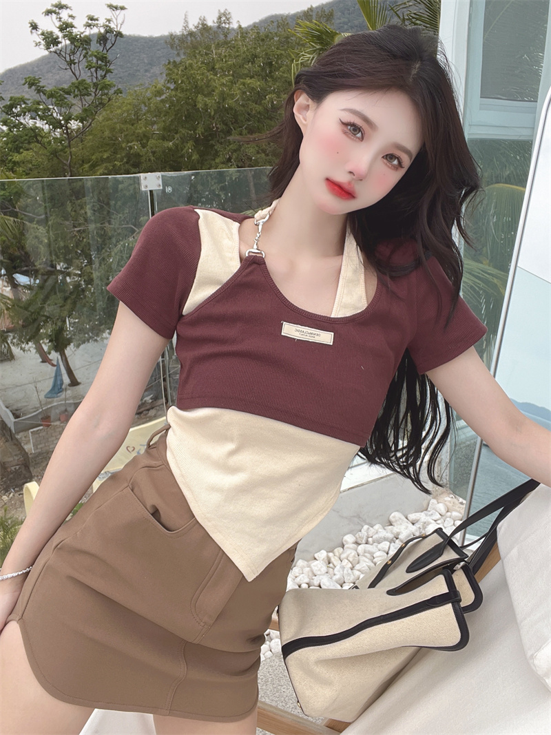 Short sleeve mixed colors T-shirt slim chain tops for women