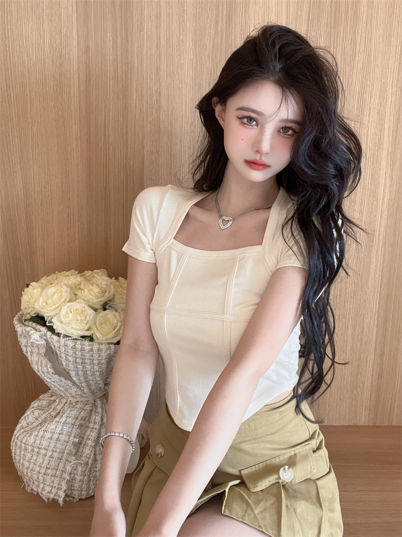 Short sleeve square collar T-shirt slim tops for women