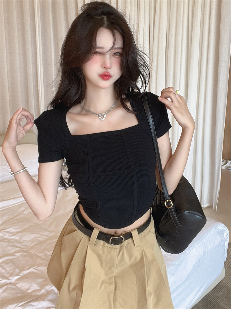 Short sleeve square collar T-shirt slim tops for women