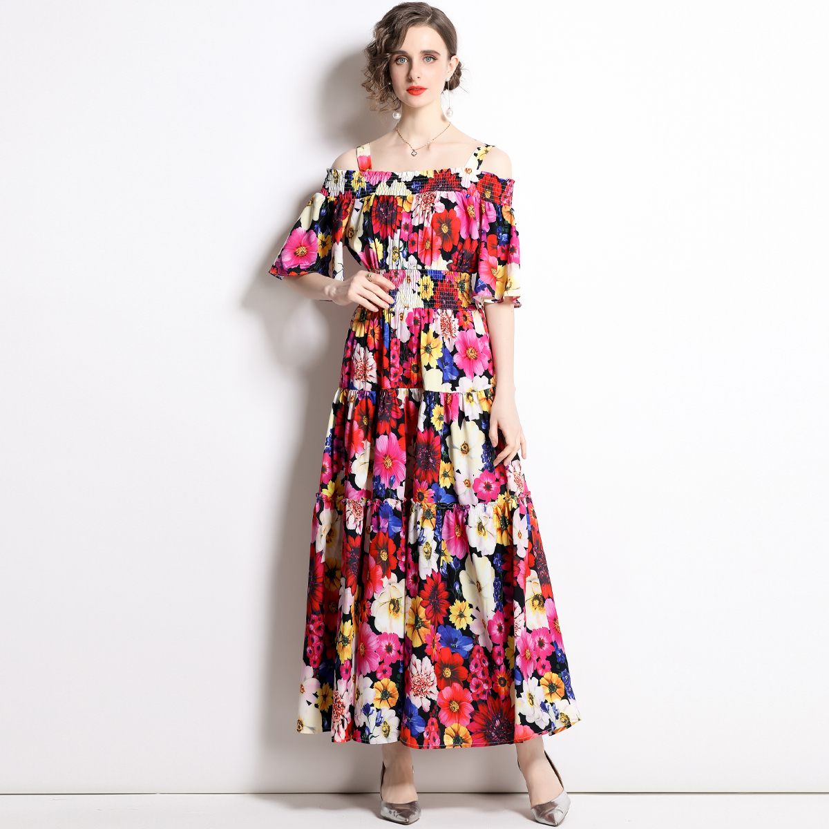 Printing flat shoulder rose retro dress for women