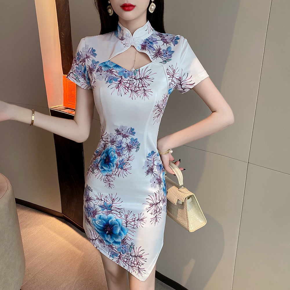 Retro short sexy dress hollow floral cheongsam