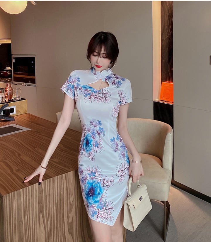 Retro short sexy dress hollow floral cheongsam