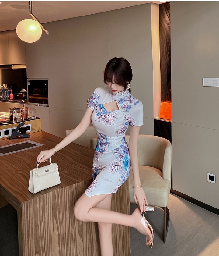 Retro short sexy dress hollow floral cheongsam