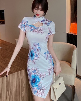 Retro short sexy dress hollow floral cheongsam