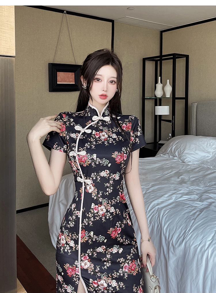 Retro short sleeve split dress package hip slim cheongsam