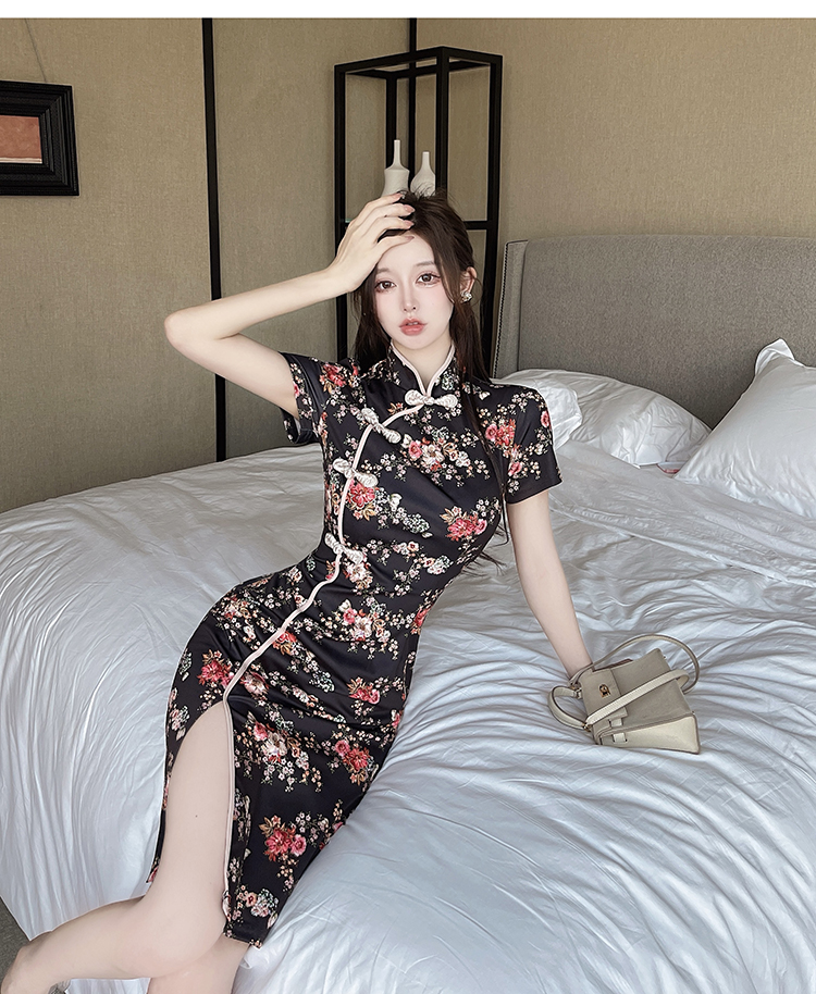 Retro short sleeve split dress package hip slim cheongsam