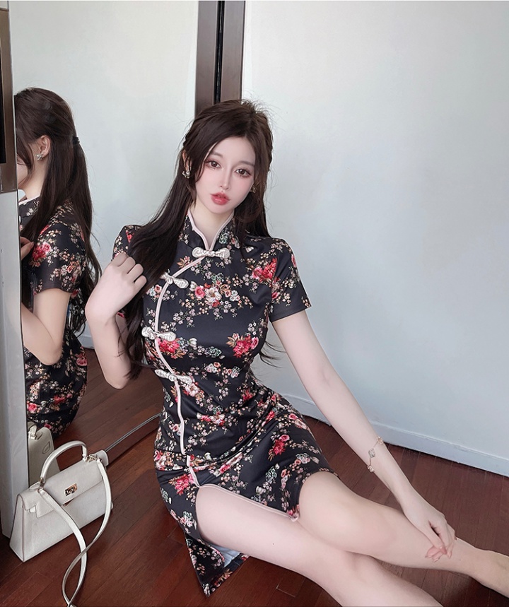 Retro short sleeve split dress package hip slim cheongsam