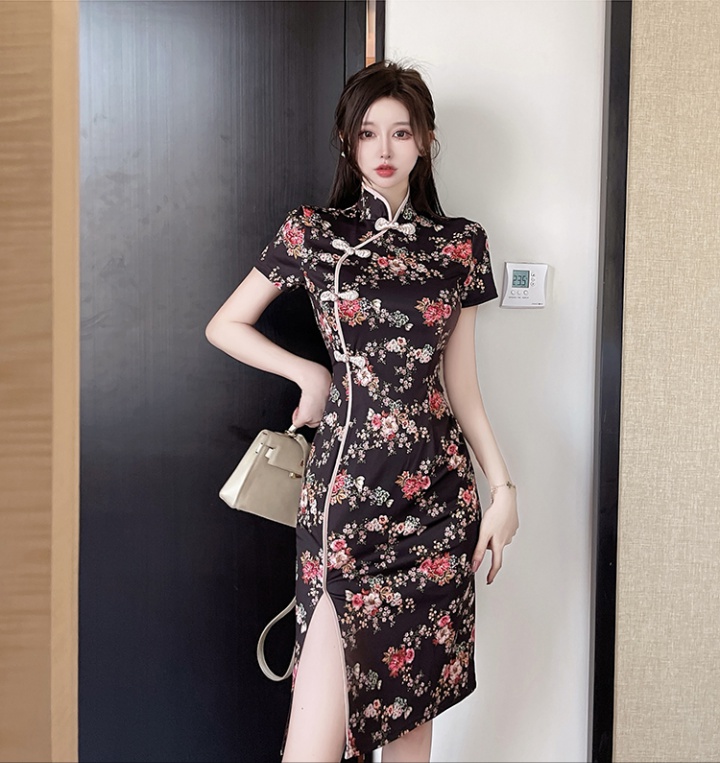 Retro short sleeve split dress package hip slim cheongsam