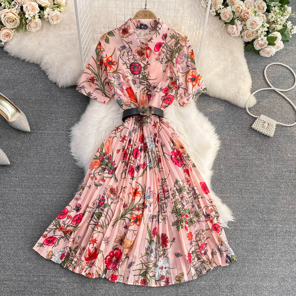 Pinched waist ladies tender lapel summer temperament dress