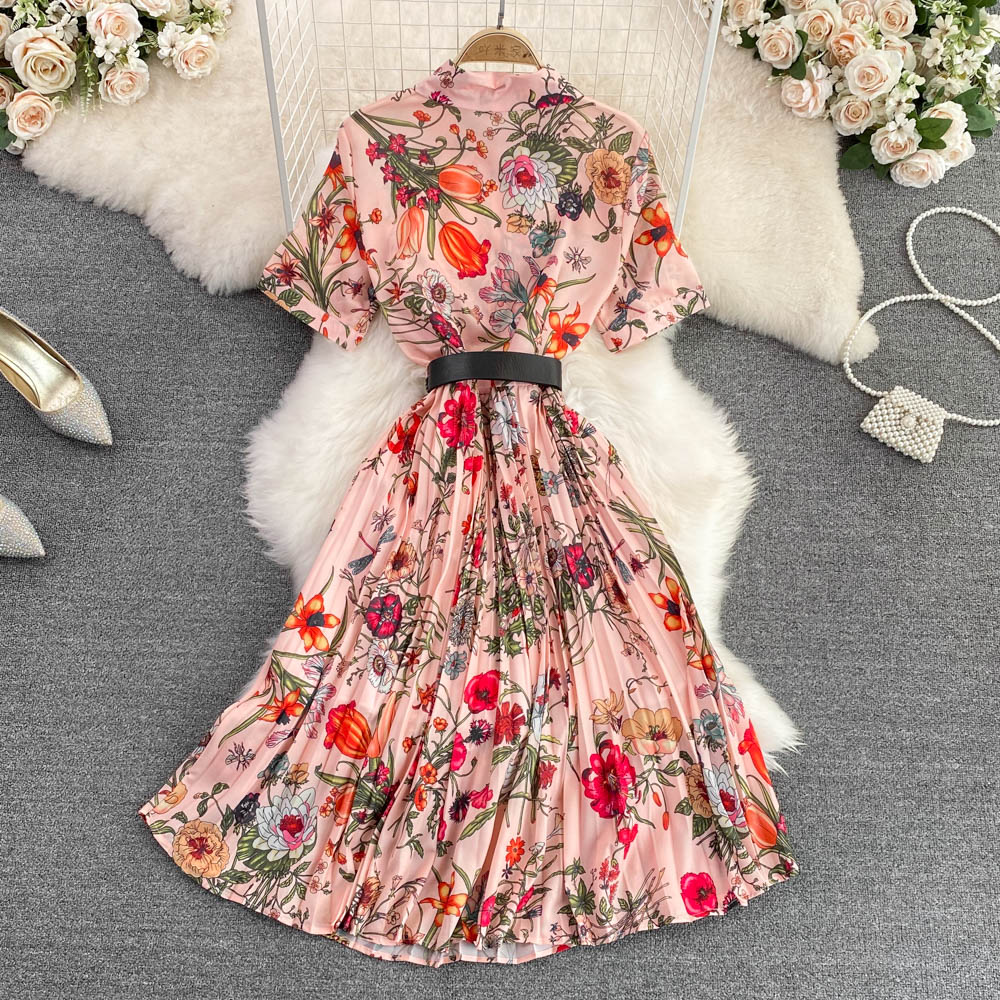 Pinched waist ladies tender lapel summer temperament dress