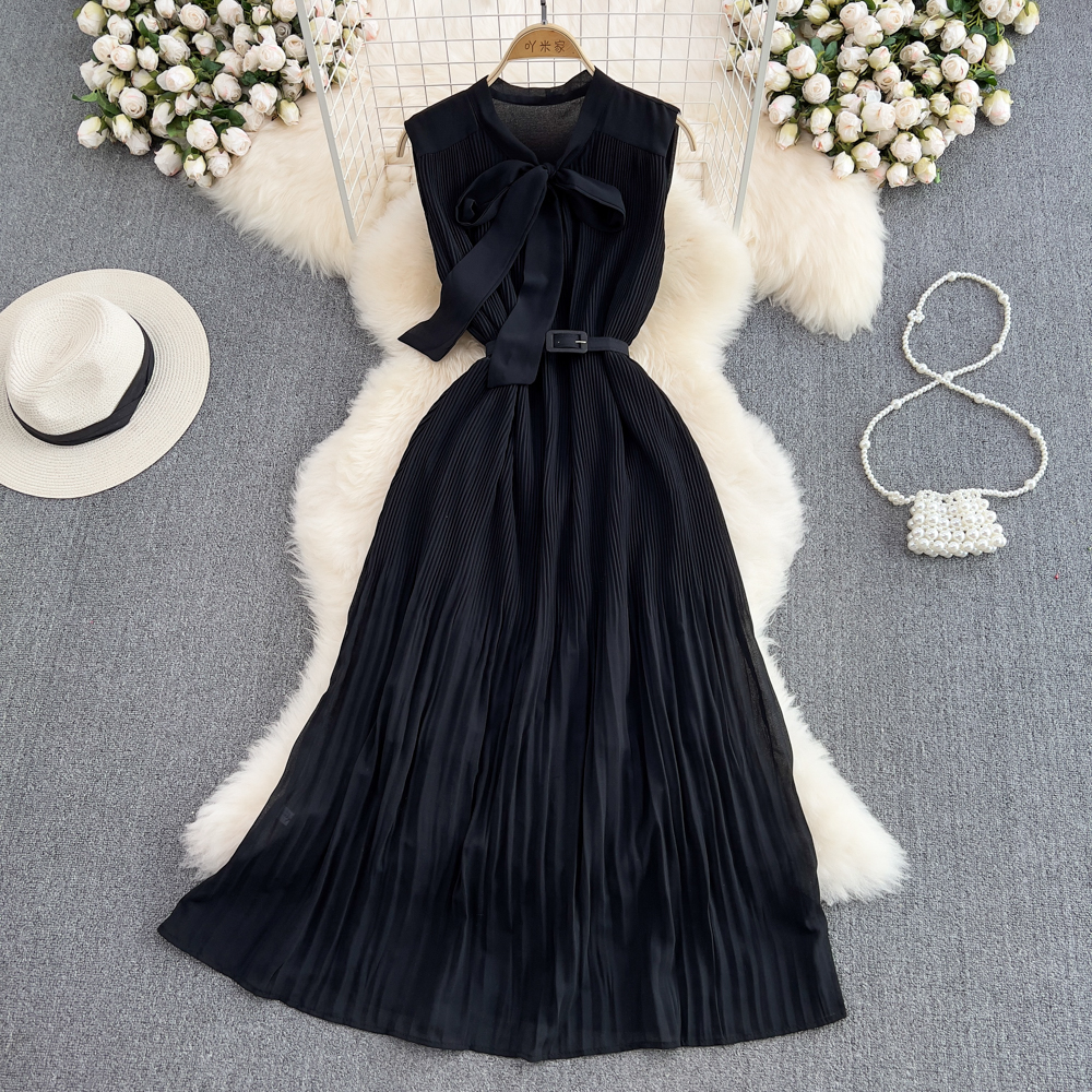 Pinched waist bow dress pleated fashion long dress