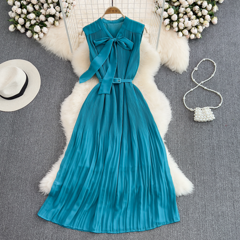 Pinched waist bow dress pleated fashion long dress