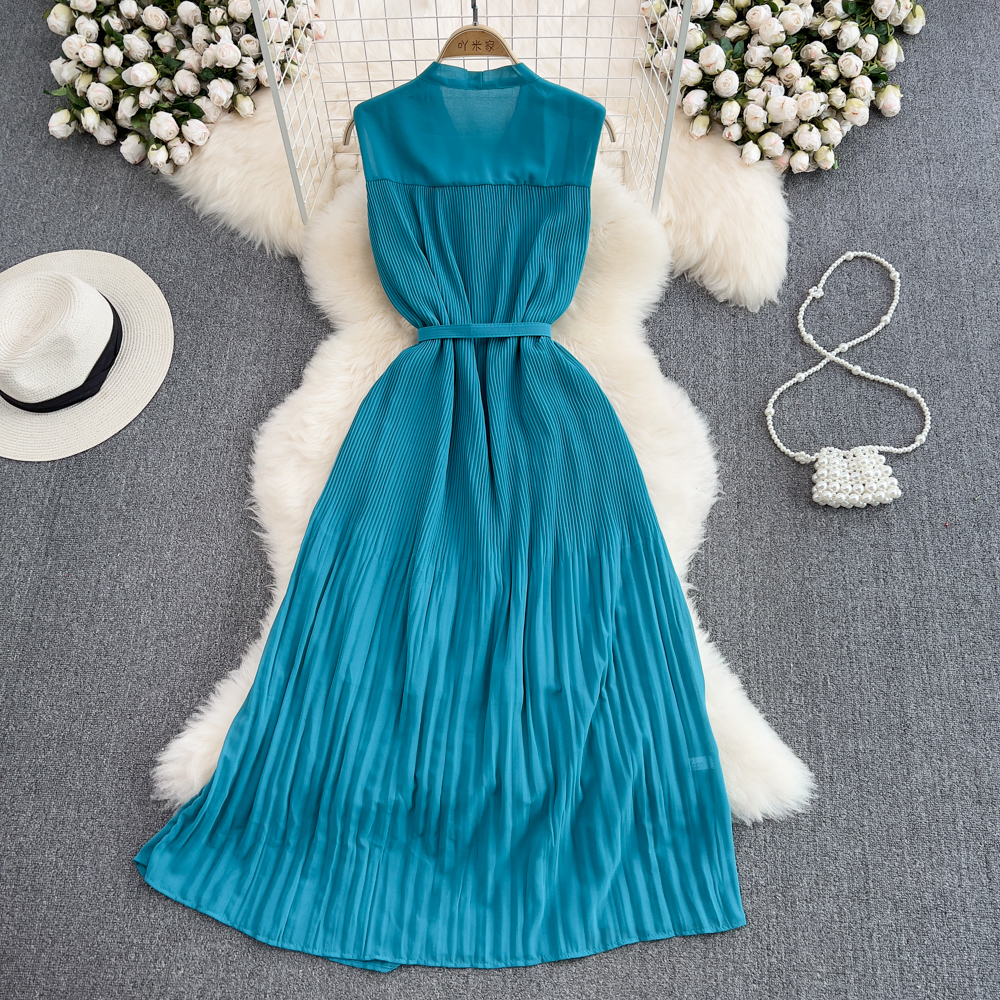 Pinched waist bow dress pleated fashion long dress