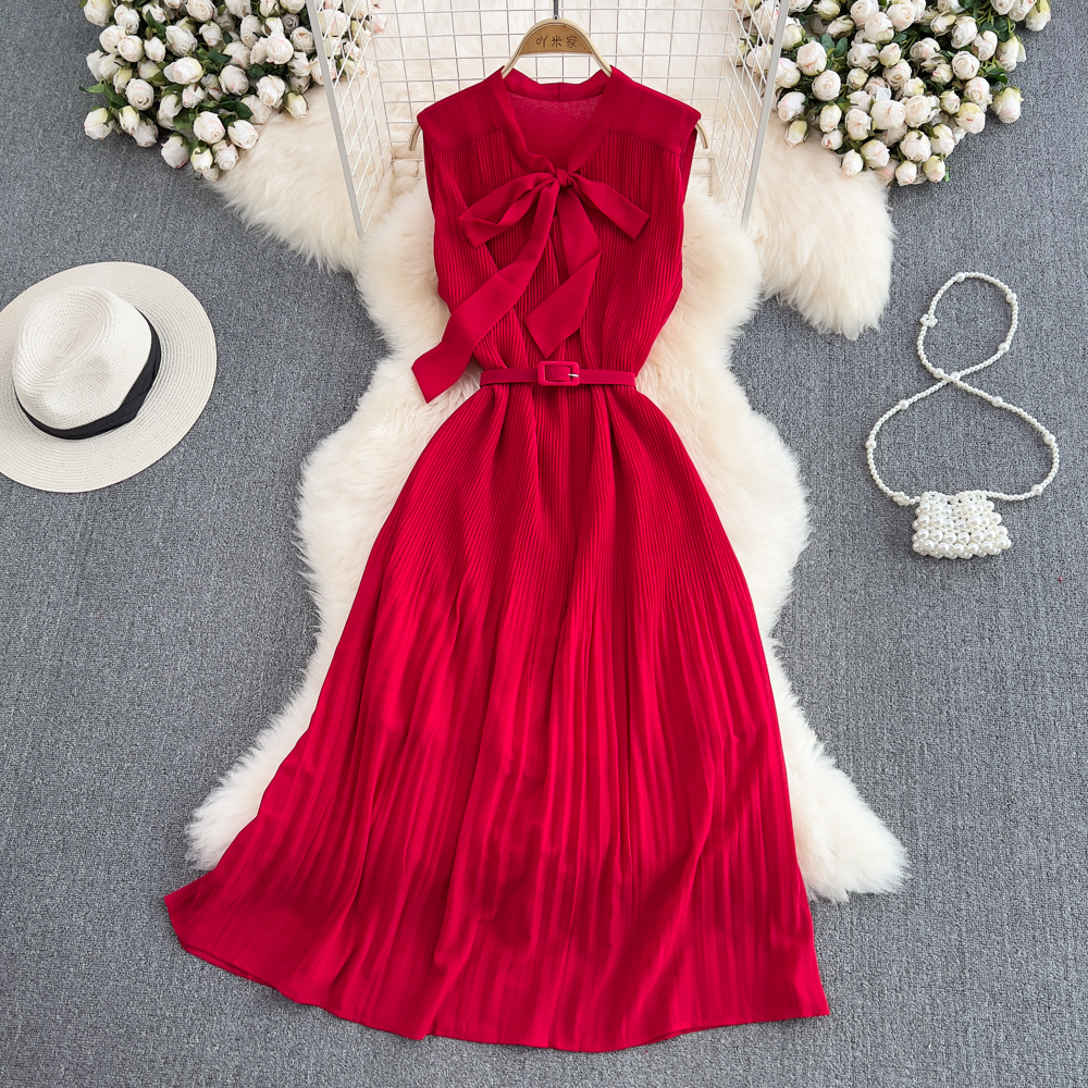 Pinched waist bow dress pleated fashion long dress