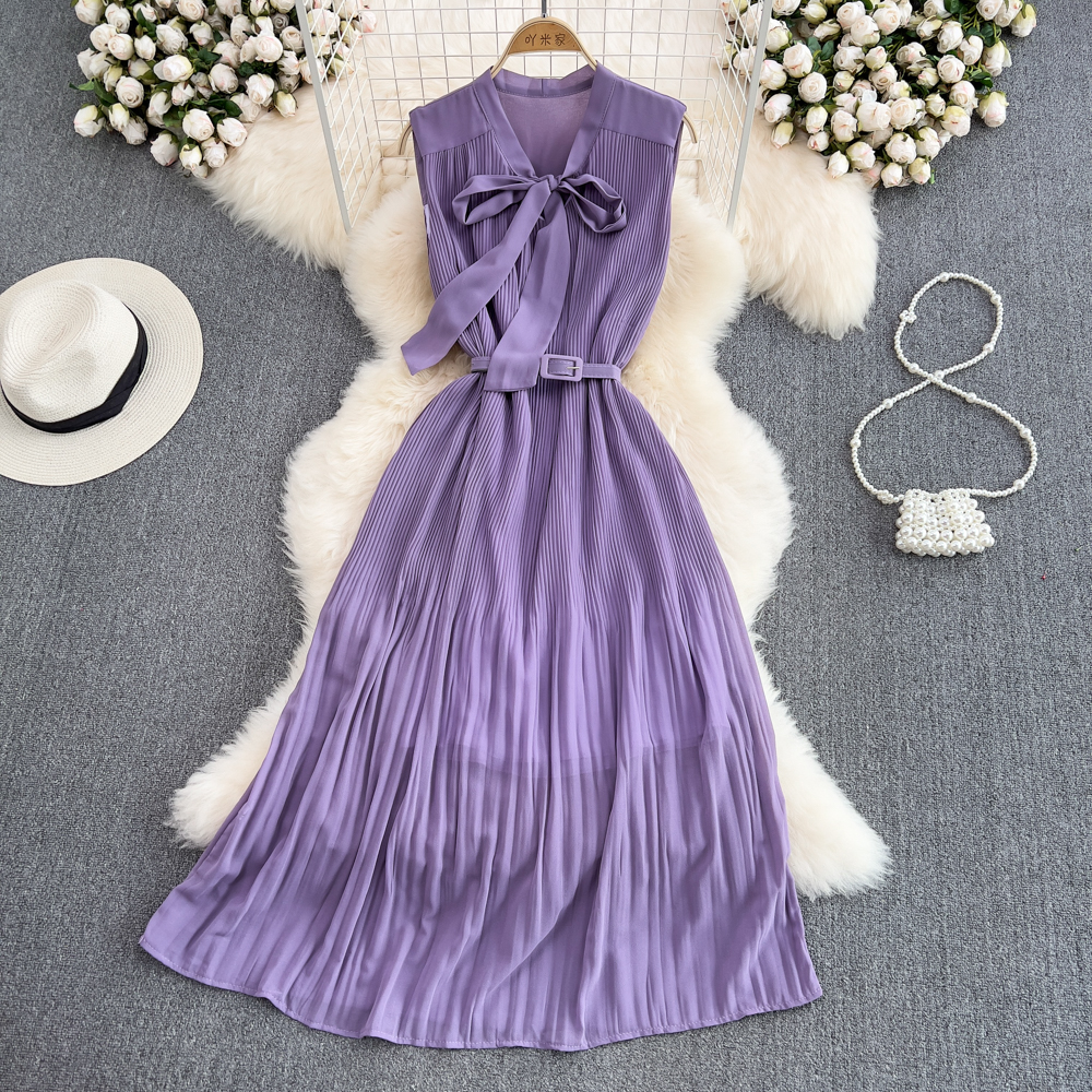 Pinched waist bow dress pleated fashion long dress