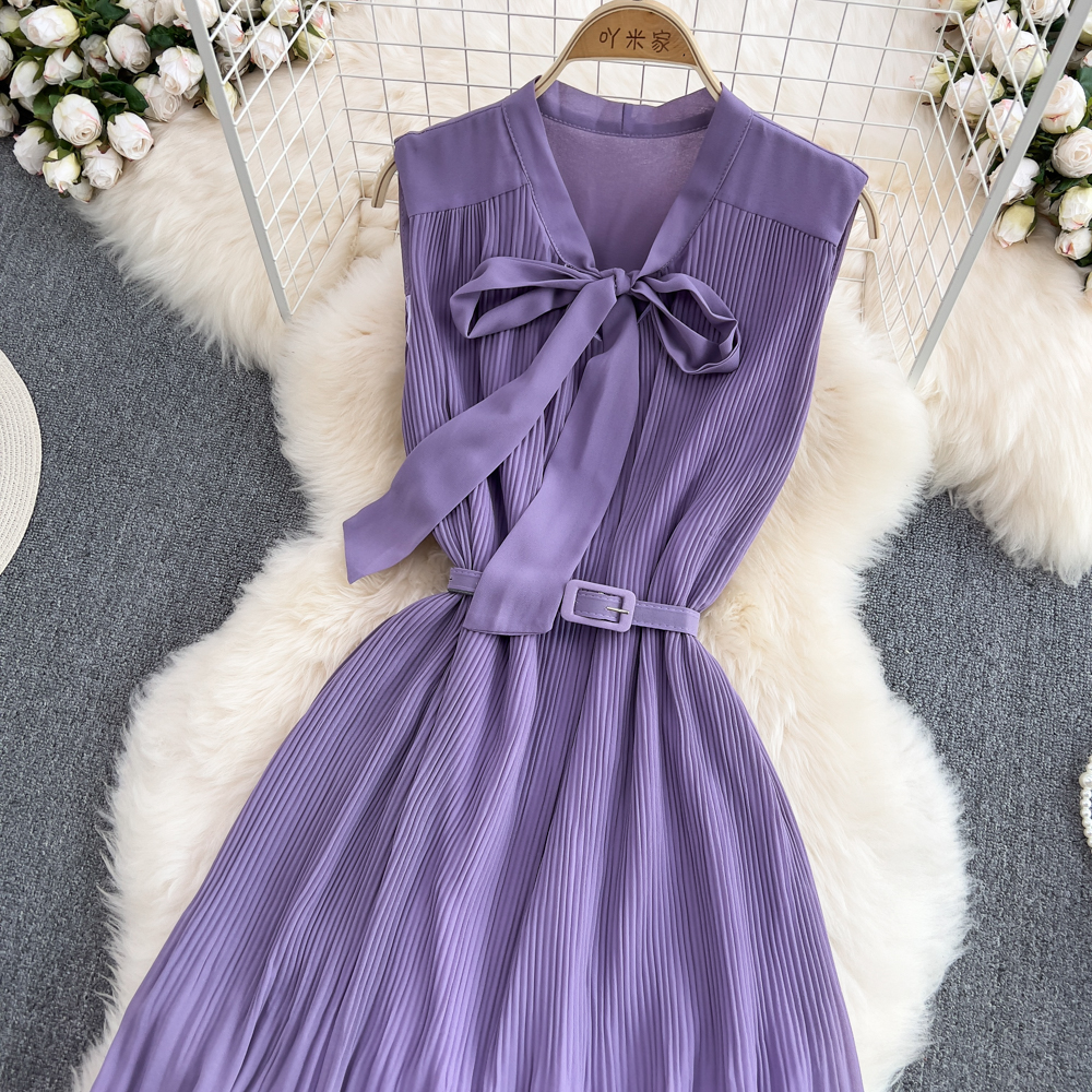 Pinched waist bow dress pleated fashion long dress