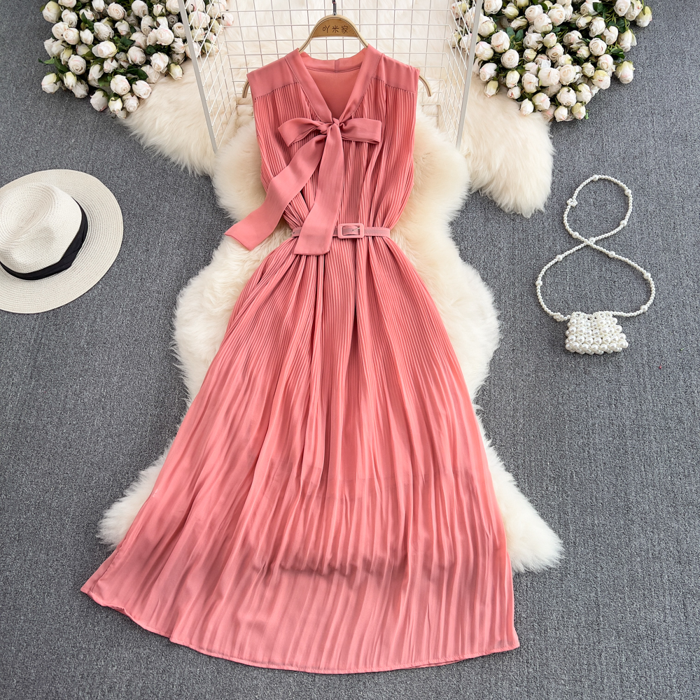 Pinched waist bow dress pleated fashion long dress