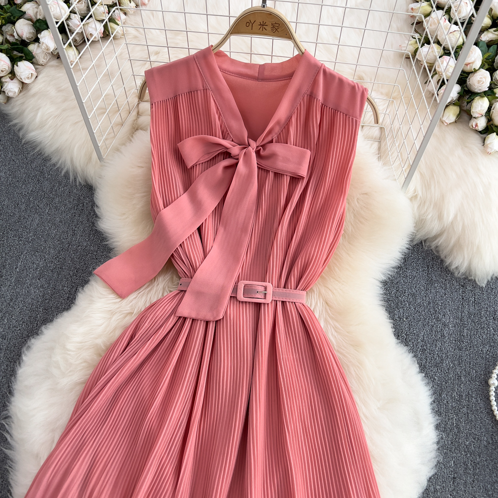 Pinched waist bow dress pleated fashion long dress