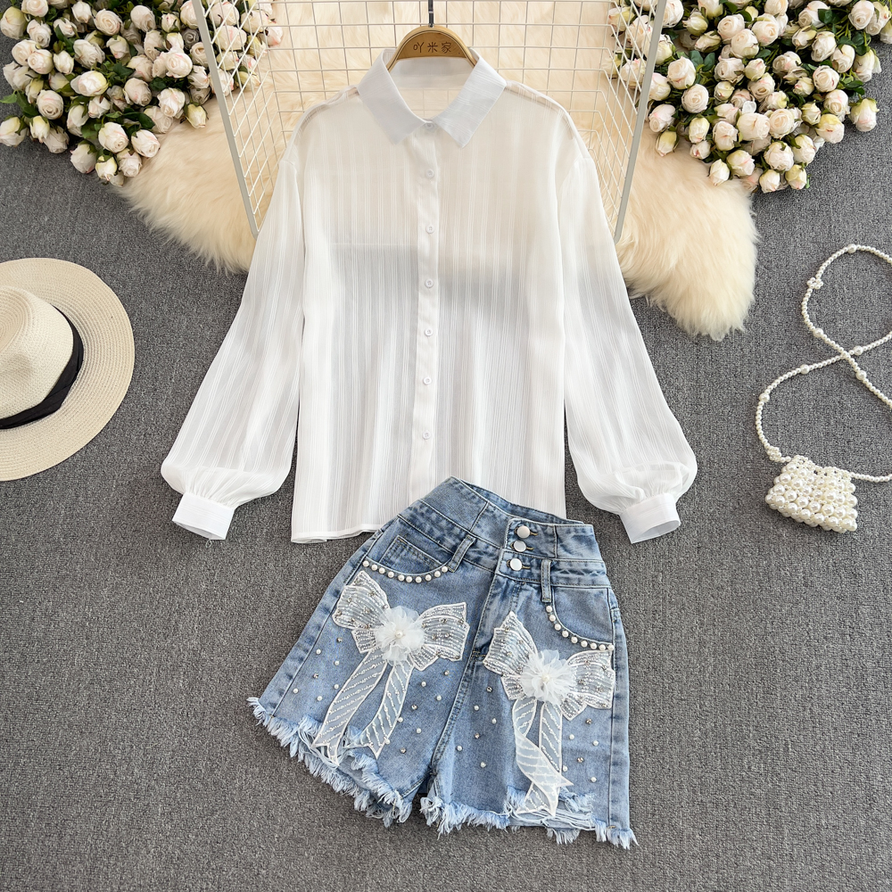 Denim high waist shirt fashion loose shorts 2pcs set