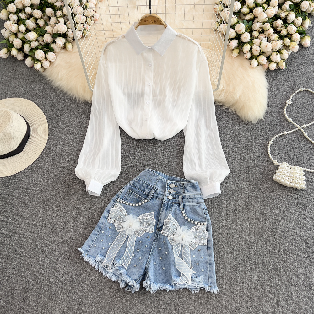 Denim high waist shirt fashion loose shorts 2pcs set