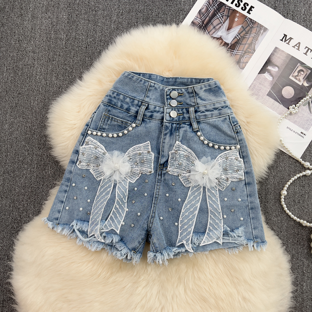 Denim high waist shirt fashion loose shorts 2pcs set