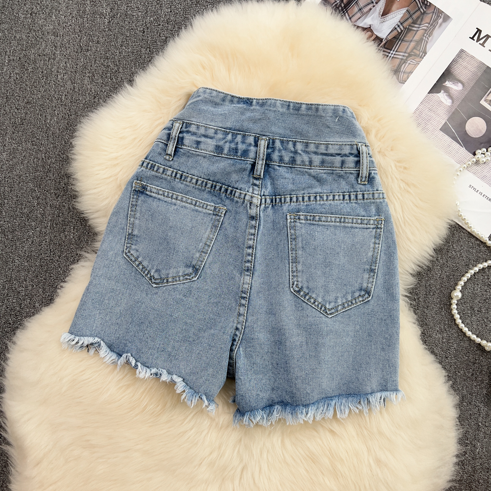 Denim high waist shirt fashion loose shorts 2pcs set