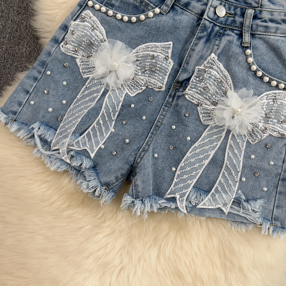 Denim high waist shirt fashion loose shorts 2pcs set