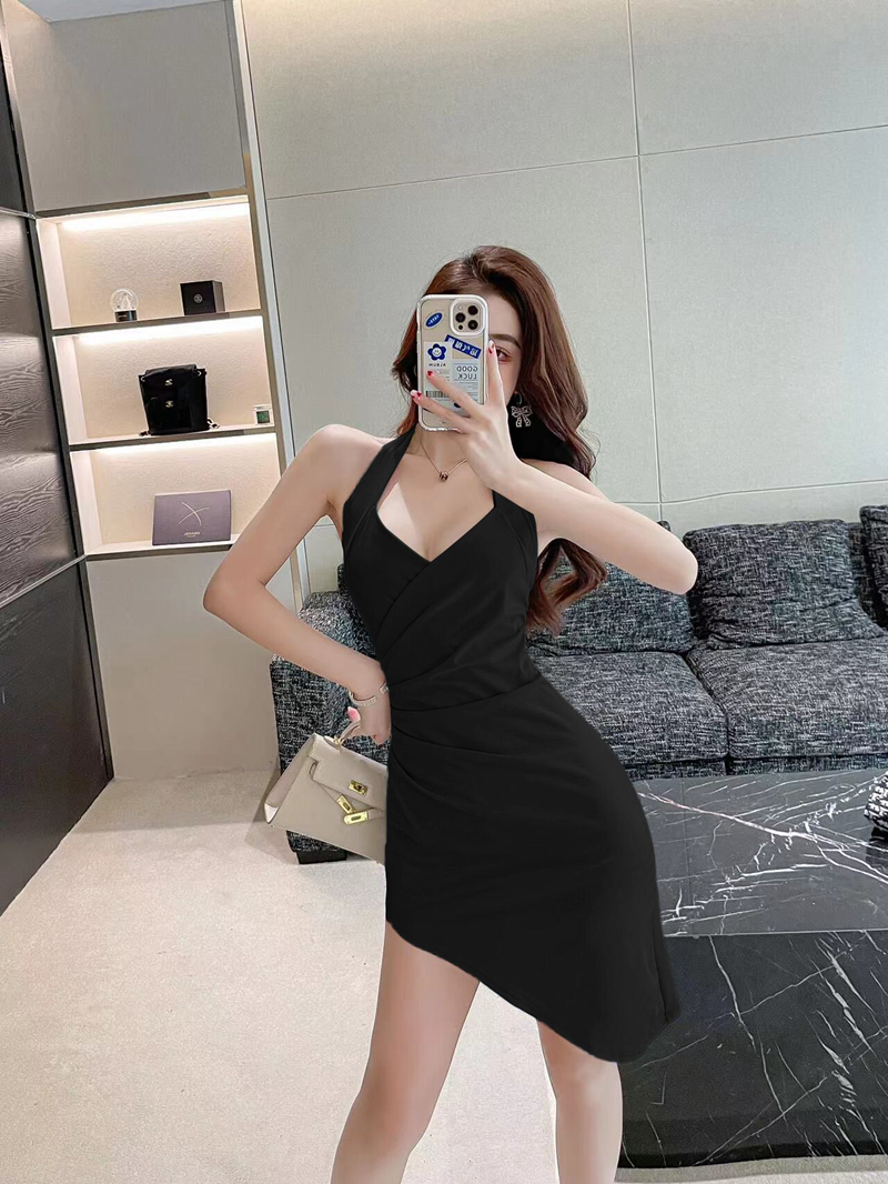 Irregular sling sexy formal dress retro halter split dress