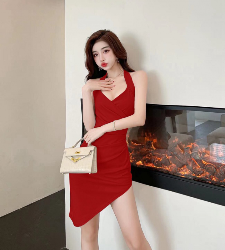 Irregular sling sexy formal dress retro halter split dress