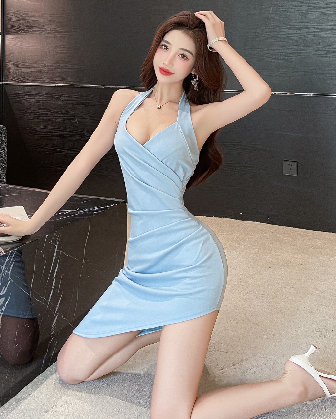 Irregular sling sexy formal dress retro halter split dress