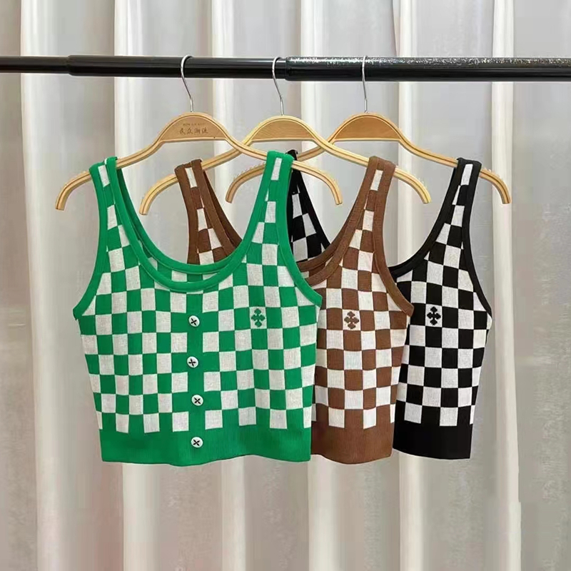 Knitted U-neck chessboard short breasted vest for women