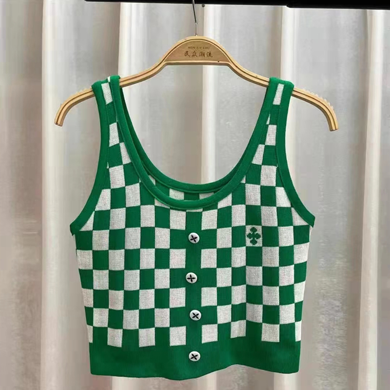 Knitted U-neck chessboard short breasted vest for women
