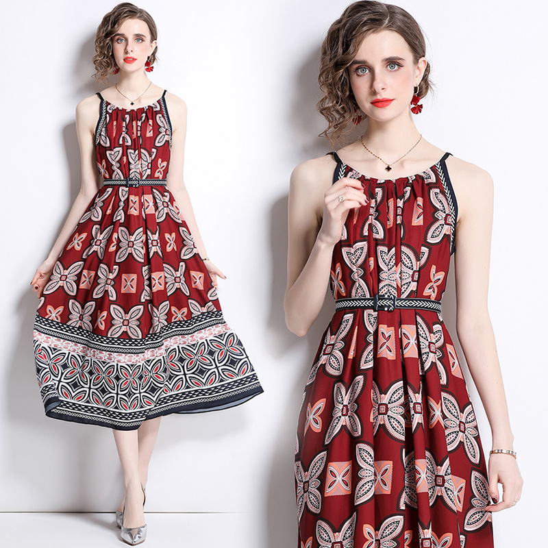 Butterfly printing sling seaside long dress for women