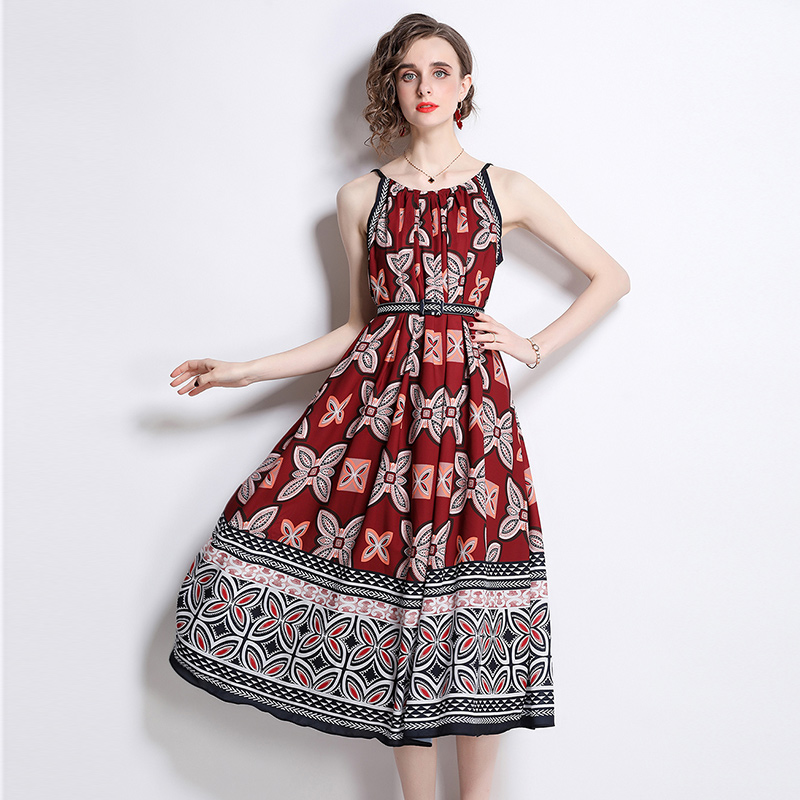 Butterfly printing sling seaside long dress for women