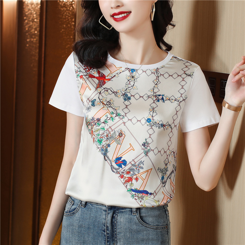 Loose round neck T-shirt white summer tops for women