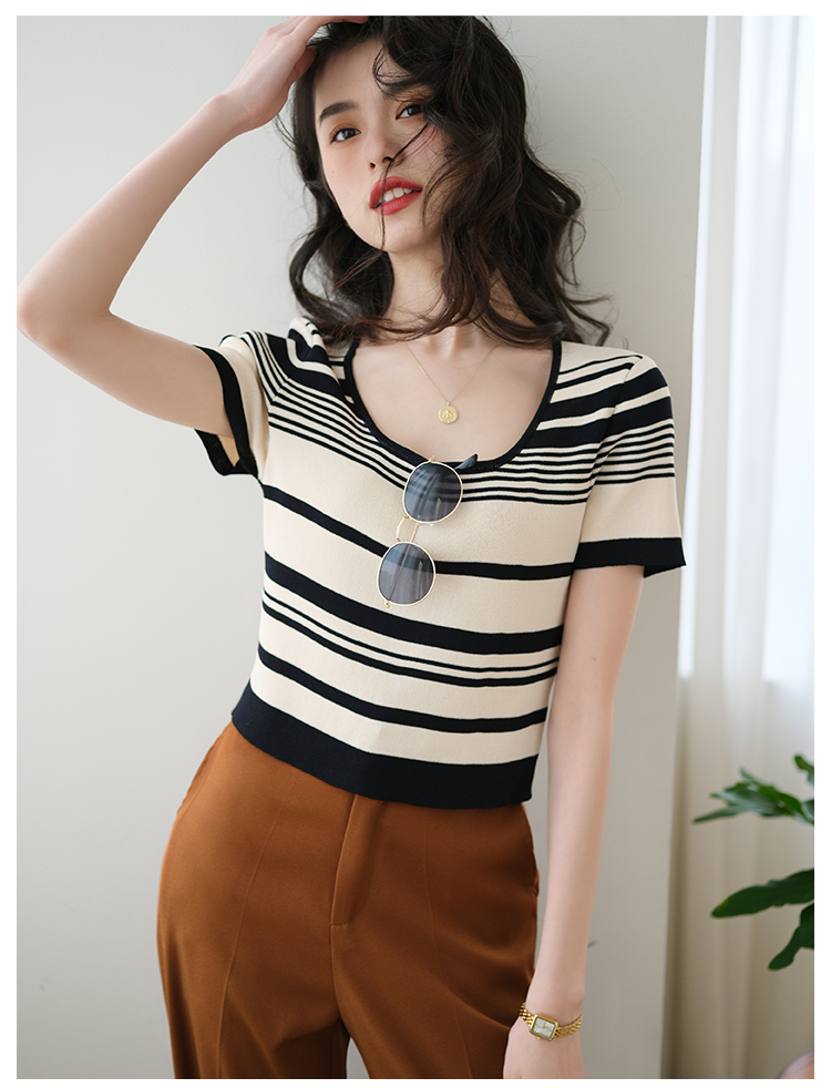 Round neck fashion summer tops stripe all-match T-shirt