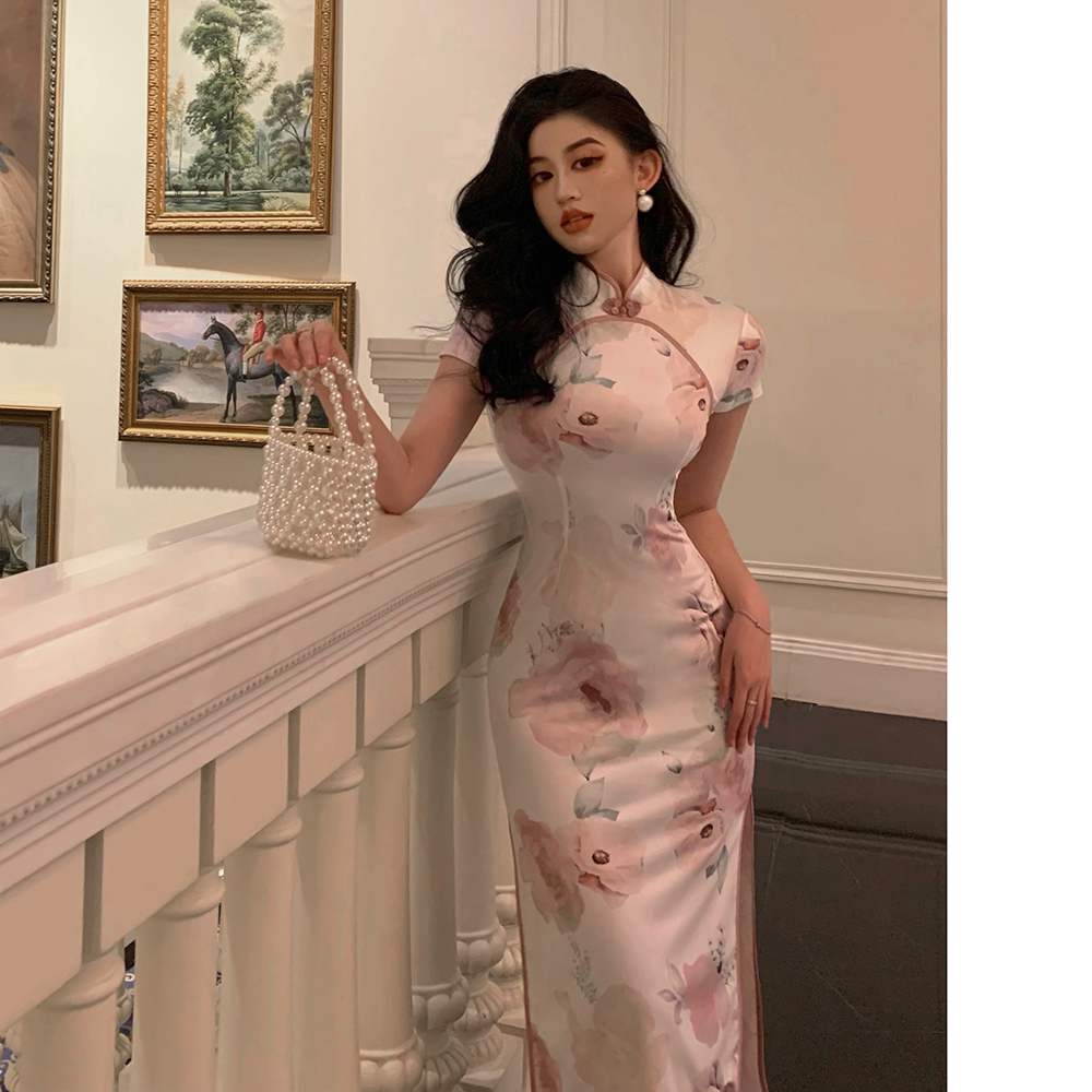 Flowers package hip retro cheongsam slim printing dress