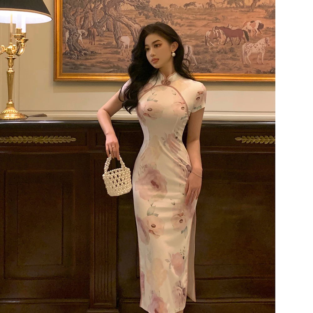 Flowers package hip retro cheongsam slim printing dress