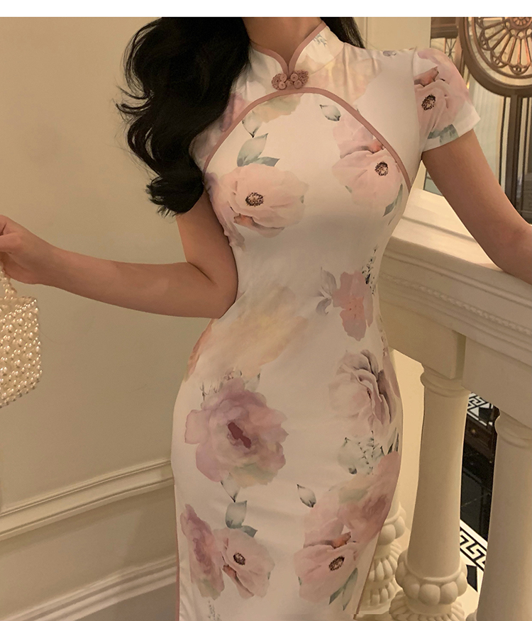 Flowers package hip retro cheongsam slim printing dress