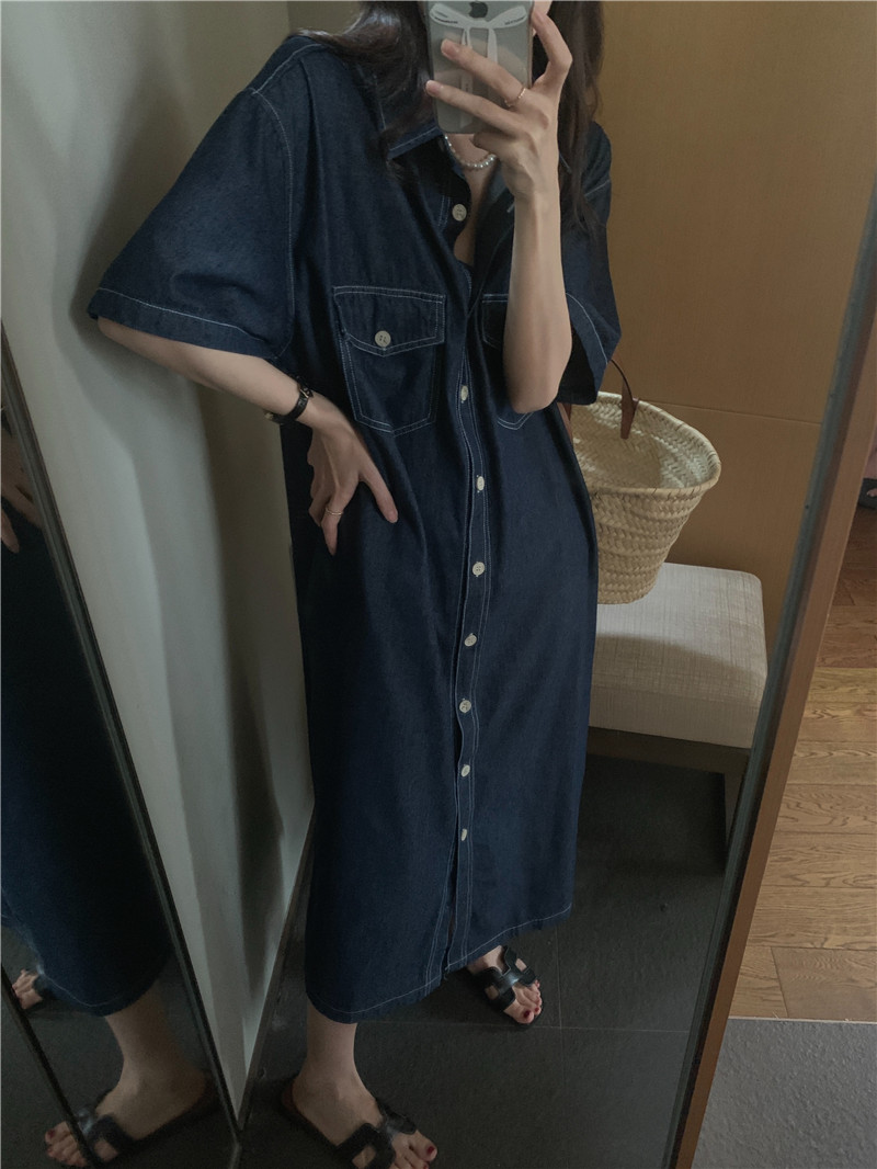Short sleeve long denim loose Korean style dress