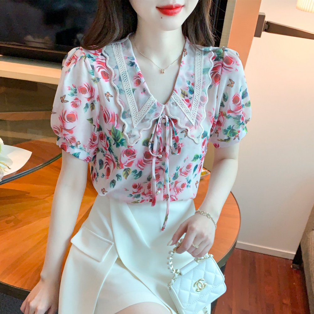 Doll collar short sleeve small shirt bow tops