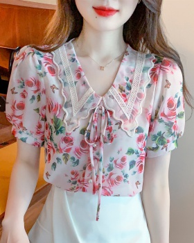 Doll collar short sleeve small shirt bow tops