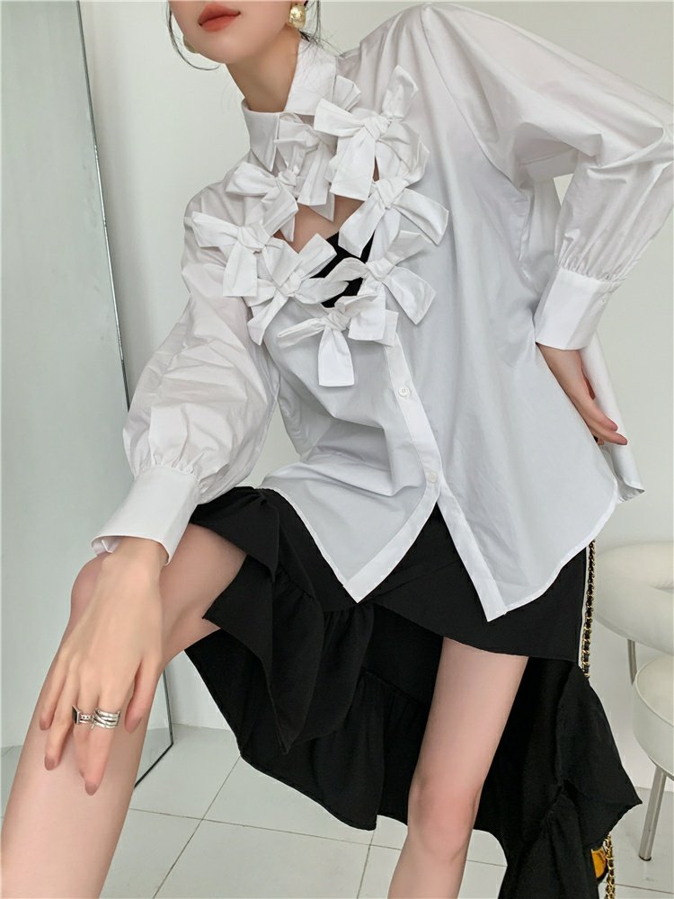 Loose bow hollow tops unique pure shirt