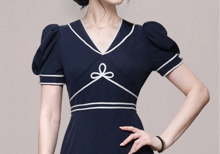 Temperament V-neck navy style high waist dress for women