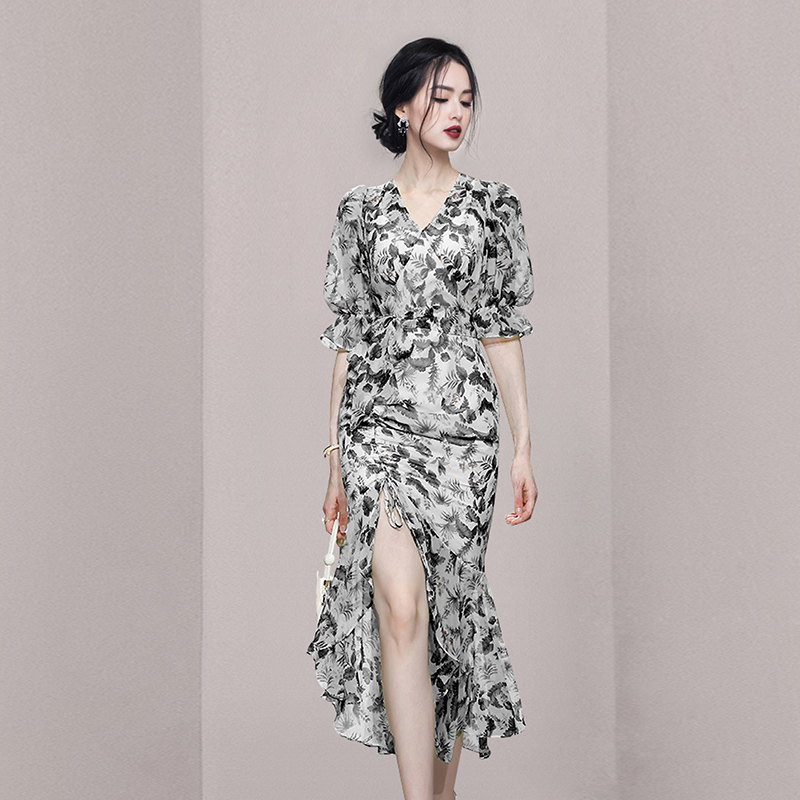 Summer puff sleeve dress slim printing long dress for women