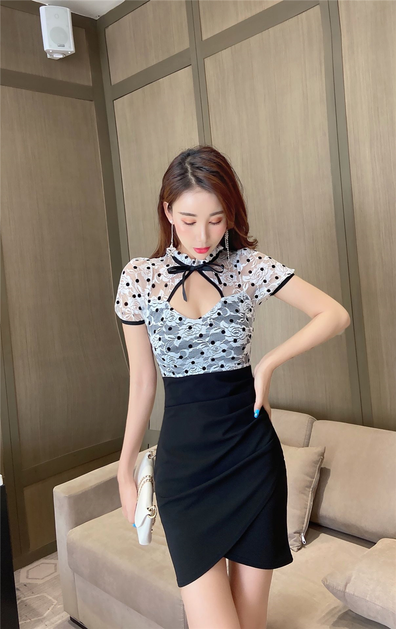 Summer bow lace polka dot slim refreshing dress