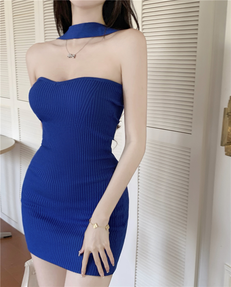 Knitted blue temperament sexy France style dress for women