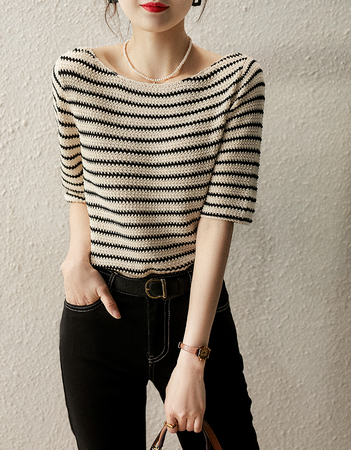 Stripe weave vacation spring and summer knitted T-shirt